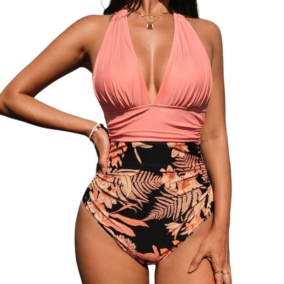 New Cupshe Havana Tropical Plunge Halter Ruched One Piece Swimsuit - Picture 1 of 11